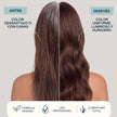 Comparativa de cabello castaño con canas antes y cabello de color uniforme y brillante después.