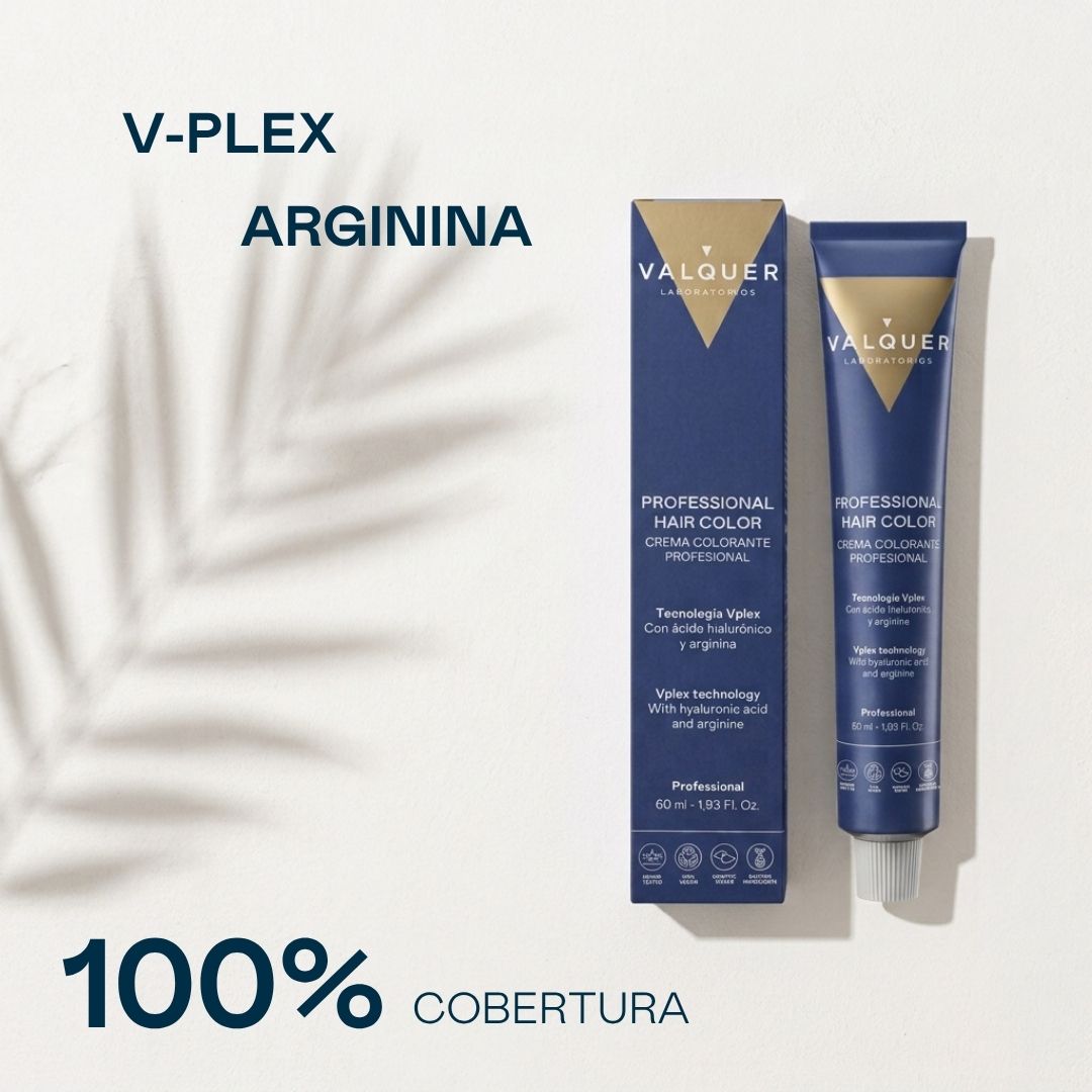 Coloración Valquer Vplex en caja y tubo con los textos V-Plex, arginina y 100 % cobertura.