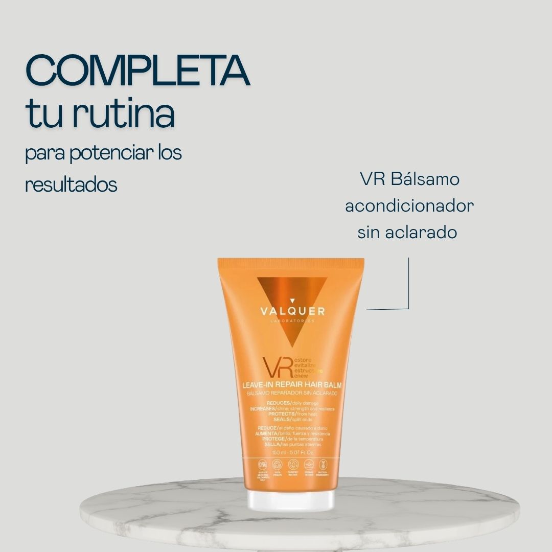 VR Bálsamo reparador sin aclarado de Valquer para completar la rutina del champú sólido 2 en 1 en cabello dañado